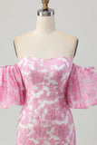 Vestido de regreso a casa floral rosa con hombros descubiertos y mangas desmontables