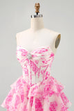 Corsé sin tirantes de línea A Vestido corto de regreso a casa floral fucsia