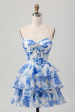 Blanco Azul Floral Una línea Corsé Novia Escalonado Vestido Corto De Regreso A