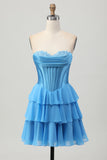 Corsé azul escalonado Una línea Vestido corto de regreso a casa sin tirantes