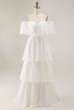 Vestido de novia blanco con volantes y volantes en chifón con hombros descubiertos