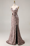 Vestido largo de graduación con tirantes finos de leopardo dorado sirena