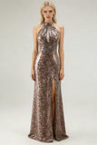 Vestido largo de fiesta con estampado de sirena de leopardo dorado brillante con abertura