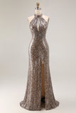 Vestido largo de fiesta con estampado de sirena de leopardo dorado brillante con abertura