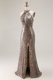 Vestido largo de fiesta con estampado de sirena de leopardo dorado brillante con abertura