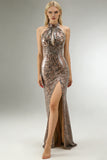 Vestido largo de fiesta con estampado de sirena de leopardo dorado brillante con abertura