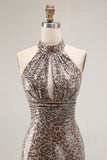 Vestido largo de fiesta con estampado de sirena de leopardo dorado brillante con abertura