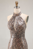 Vestido largo de fiesta con estampado de sirena de leopardo dorado brillante con abertura