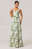 Vestido largo de dama de honor largo con corsé floral verde con volantes