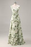 Vestido largo de dama de honor largo con corsé floral verde con volantes