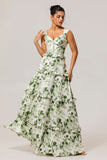 Vestido largo de dama de honor largo con corsé floral verde con volantes