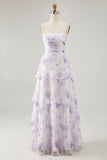 Flor de lavanda escalonada Una línea Vestido de dama de honor plisado sin tirantes