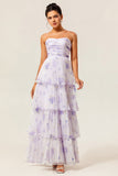 Vestido de dama de honor plisado con capas florales lavanda sin tirantes