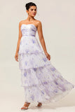 Vestido de dama de honor plisado con capas florales lavanda sin tirantes