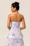 Vestido de dama de honor plisado con capas florales lavanda sin tirantes