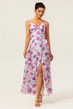 Vestido de invitada de boda de línea A con tirantes de espagueti estampado floral morado