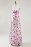Vestido de invitada de boda estampado con tirantes de espagueti florales morados