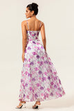 Vestido de invitada de boda de línea A con tirantes de espagueti estampado floral morado