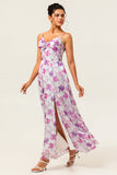Vestido de invitada de boda de línea A con tirantes de espagueti estampado floral morado