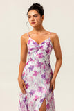 Vestido de invitada de boda de línea A con tirantes de espagueti estampado floral morado