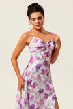 Vestido de invitada de boda de línea A con tirantes de espagueti estampado floral morado