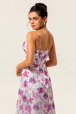 Vestido de invitada de boda de línea A con tirantes de espagueti estampado floral morado