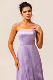 Vestido de dama de honor largo plisado de línea A sin tirantes en lila