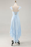 Vestido de dama de honor de línea A con volantes en azul cielo