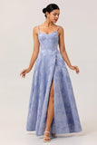Vestido de fiesta corsé brocado con tirantes finos de línea A azul con abertura