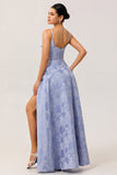 Vestido de fiesta corsé brocado con tirantes finos de línea A azul con abertura