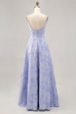 Vestido de fiesta largo con corsé brocado azul con abertura