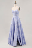 Vestido de fiesta largo con corsé brocado azul con abertura