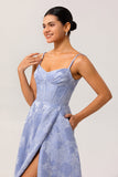 Vestido de fiesta corsé brocado con tirantes finos de línea A azul con abertura