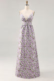 Vestido de invitada de boda con tirantes de espagueti impresos en línea A de flores moradas