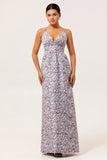 Vestido de invitada de boda con tirantes de espagueti impresos en línea A floral morado