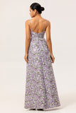 Vestido de invitada de boda con tirantes de espagueti impresos en línea A floral morado