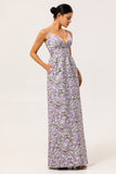 Vestido de invitada de boda con tirantes de espagueti impresos en línea A floral morado