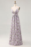 Vestido de invitada de boda con tirantes de espagueti impresos en línea A de flores moradas