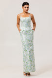 Vestido largo de dama de honor floral pastel de satén con tirantes finos azules con bolsillos