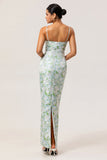 Vestido largo de dama de honor floral pastel de satén con tirantes finos azules con bolsillos