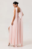 Vestido largo de dama de honor de gasa sin tirantes fruncido Blush A Line con abertura
