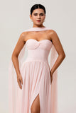 Vestido largo de dama de honor de gasa sin tirantes fruncido Blush A Line con abertura