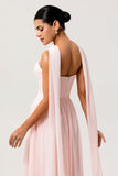 Vestido largo de dama de honor de gasa sin tirantes fruncido Blush A Line con abertura