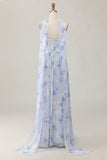 Vestido de invitada de boda estampado en línea A con flores azules sin tirantes con abertura