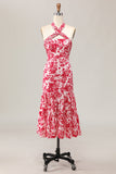 Vestido de invitada de boda midi con estampado de sirena y flores rojas