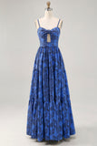Vestido de invitada de boda con tirantes de espagueti azul de línea A floral