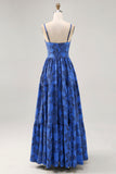 Vestido de invitada de boda con tirantes de espagueti azul de línea A floral