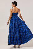 Vestido de fiesta con tirantes finos en jacquard A de jacquard azul oscuro