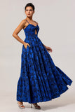 Vestido de fiesta con tirantes finos en jacquard A de jacquard azul oscuro