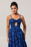 Vestido de fiesta con tirantes finos en jacquard A de jacquard azul oscuro